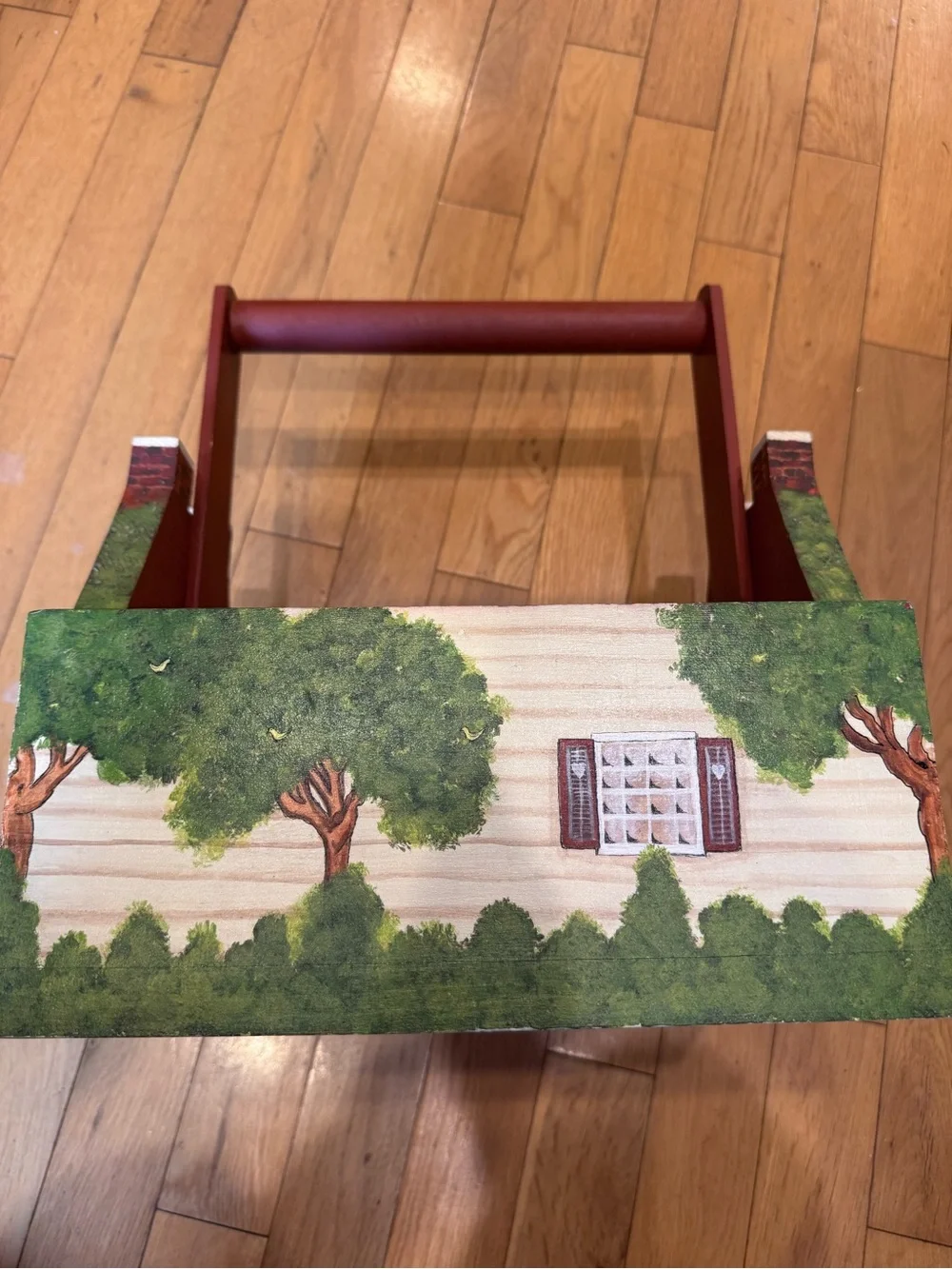 Folk Art House Wood Caddy Basket Treasures by Laurene Hand Painted Cottage